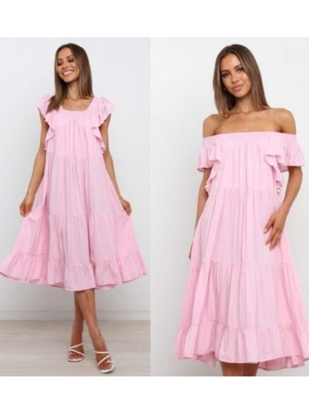 Petal & Pup Kacper Dress Bubble Gum Pink Tiered Flowy On/Off Shoulder Midi Fall